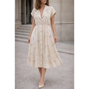 MaxMara Vintage Linen Cream Button Up Shirt Dress Floral Shift Dress Sz 10